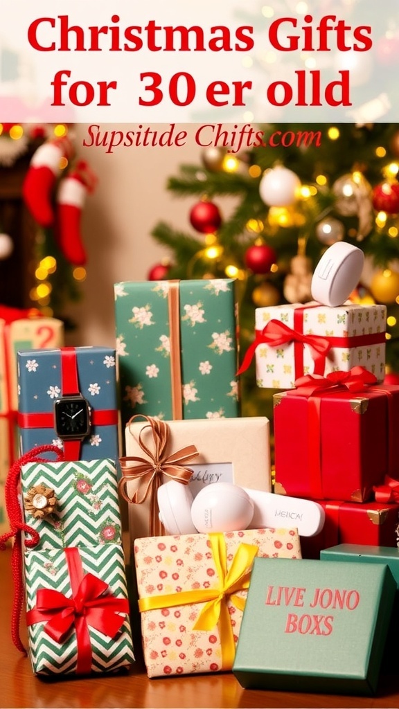 A collection of Christmas gifts for a 30-year-old, including tech gadgets and personalized items, arranged beautifully with holiday decorations.